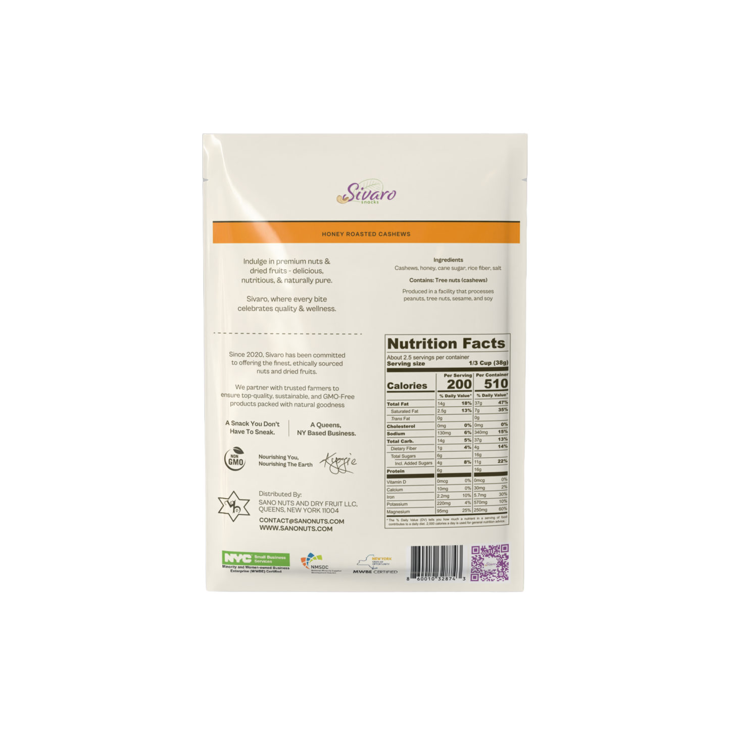 Sivaro Honey Roasted Cashews 3.5 oz - Case of 12