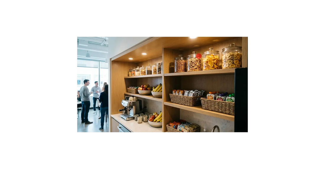 Organized corporate office pantry shelves stocked with healthy snack options including Sivaro Snacks dried fruit and cashew bags.