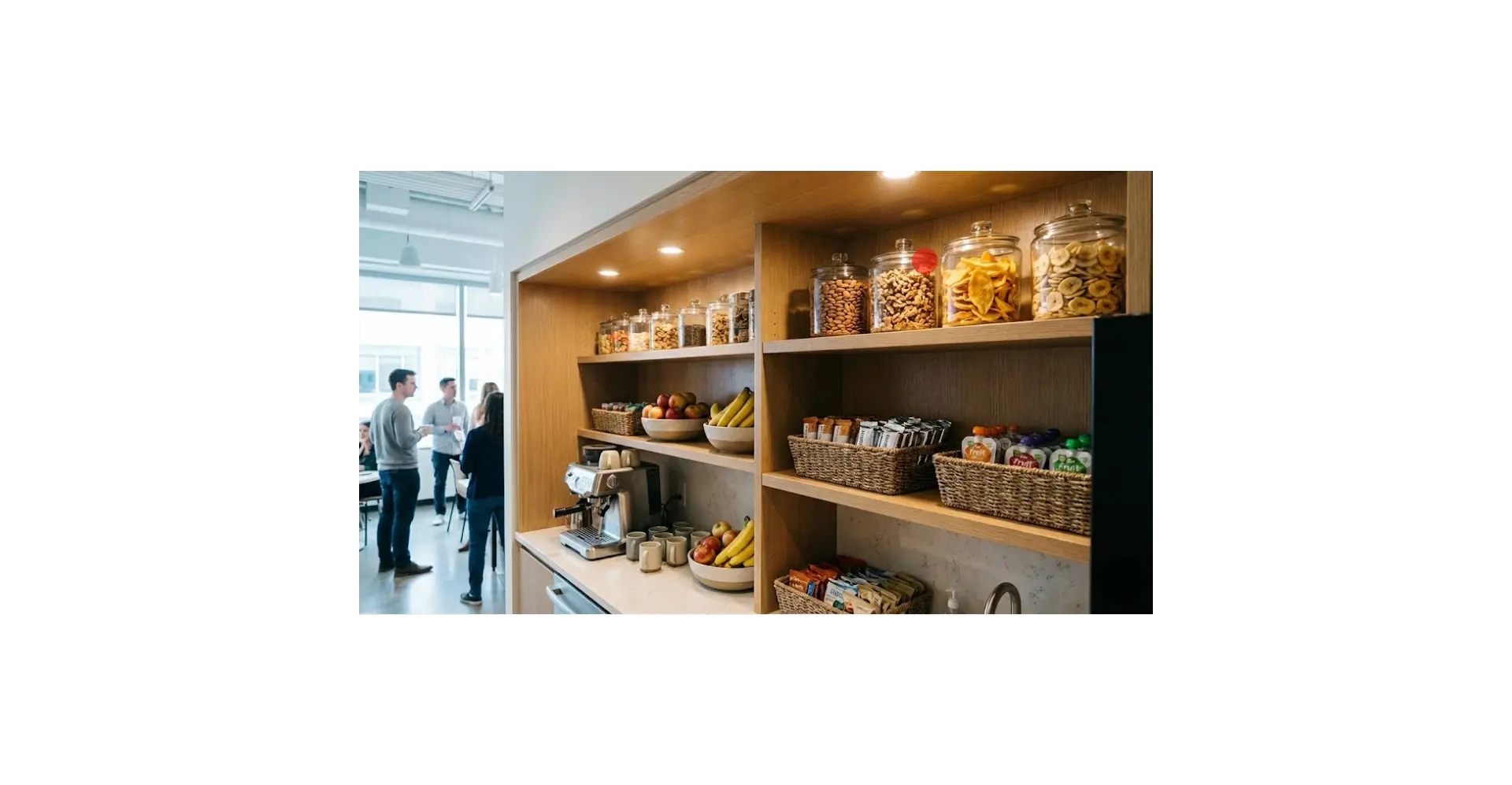 Organized corporate office pantry shelves stocked with healthy snack options including Sivaro Snacks dried fruit and cashew bags.