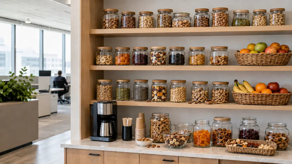 A stocked office pantry shelf with grab-and-go snack pouches, jars of nuts, and baskets of fruit in a bright open-plan workspace.