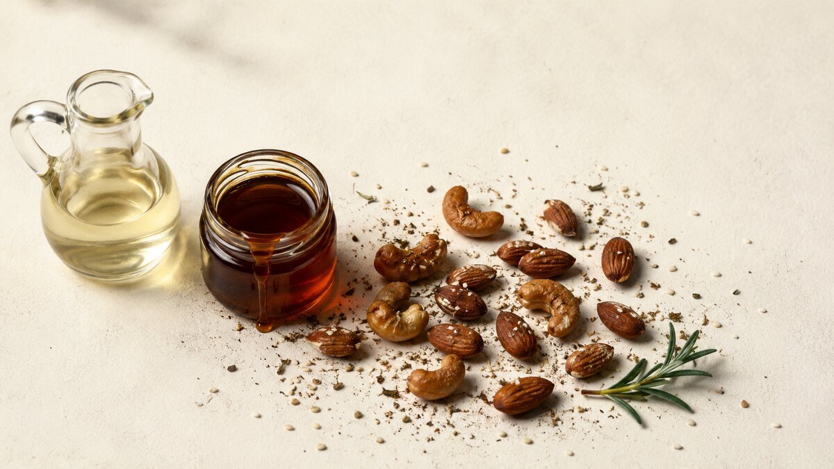 A glass cruet of pale refined oil beside a jar of dark maple syrup and scattered roasted cashews and almonds on a cream background.