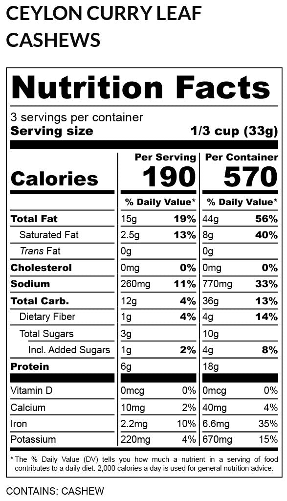 Ceylon Curry Leaf Cashews - Seed-Oil-Free, 3.5 oz (Temporary Craft Bag)