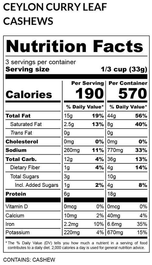 Ceylon Curry Leaf Cashews - Seed-Oil-Free, 3.5 oz (Temporary Craft Bag)