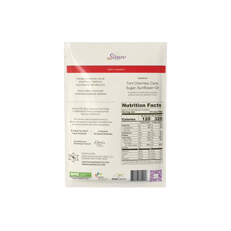  Sivaro Snacks Dried Cherries packaging with nutrition facts on a white background