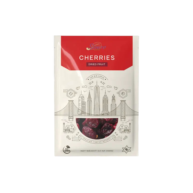 Package of Sivaro Snacks Dried Cherries with a red and beige label on a white background