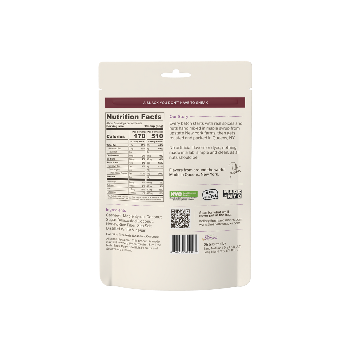 Sivaro Golden Toasted Coconut Cashews back label with nutrition facts and ingredients