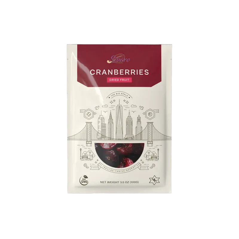 Packaging of Sivaro Snacks Dried  Cranberries with a red and beige design on a white background