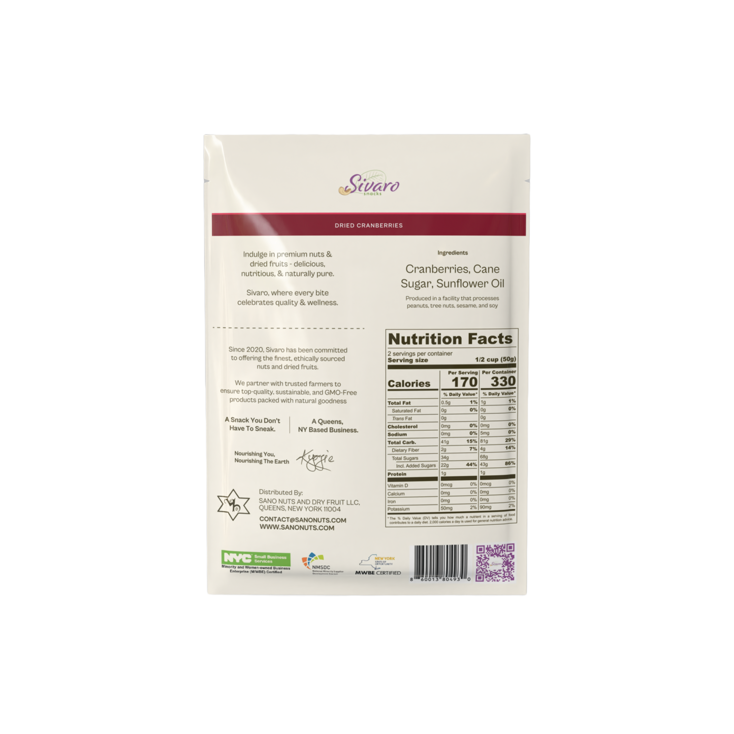 Sivaro Dried Cranberries 3.5 oz - Case of 12