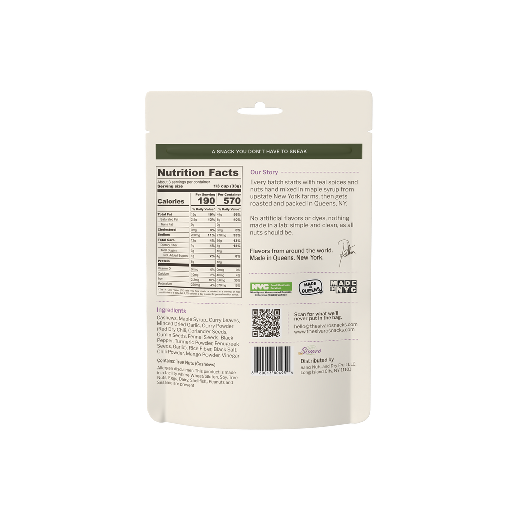 Sivaro Ceylon Curry Leaf Cashews back label with nutrition facts and ingredients