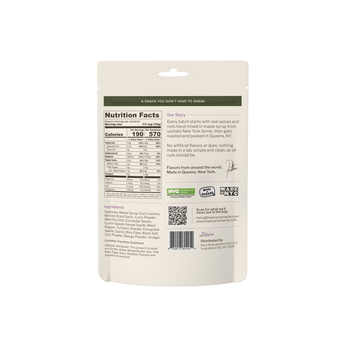 Sivaro Ceylon Curry Leaf Cashews back label with nutrition facts and ingredients