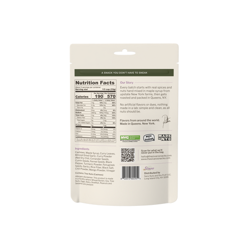 Sivaro Ceylon Curry Leaf Cashews back label with nutrition facts and ingredients