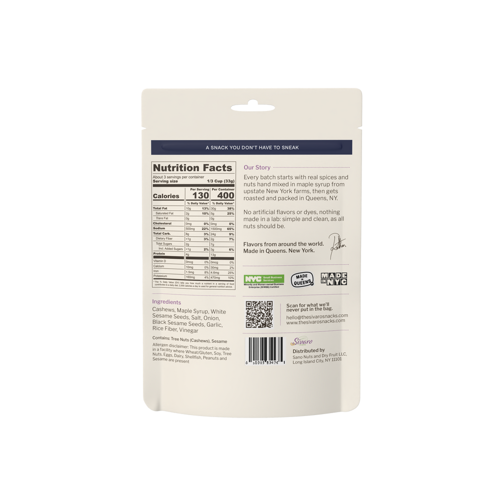 Sivaro Everything Bagel Cashews back label with nutrition facts and ingredients