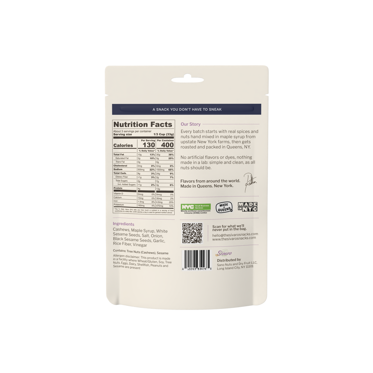 Sivaro Everything Bagel Cashews back label with nutrition facts and ingredients
