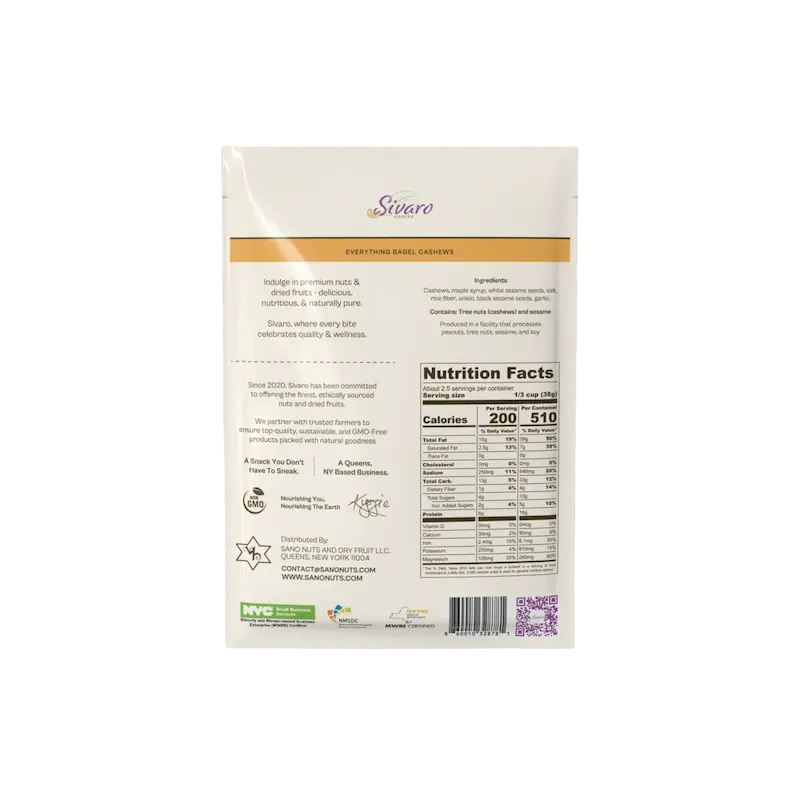 Back of a Everything Bagel Cashews package with nutritional information and branding on a white background