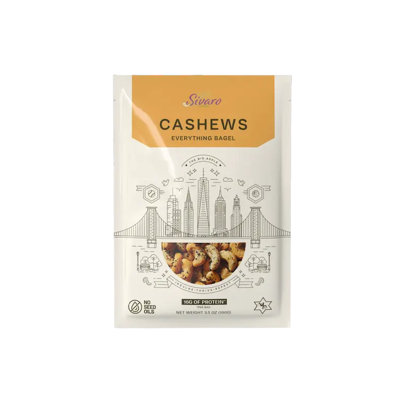 Package of Cashews Everything Bagel on a white background