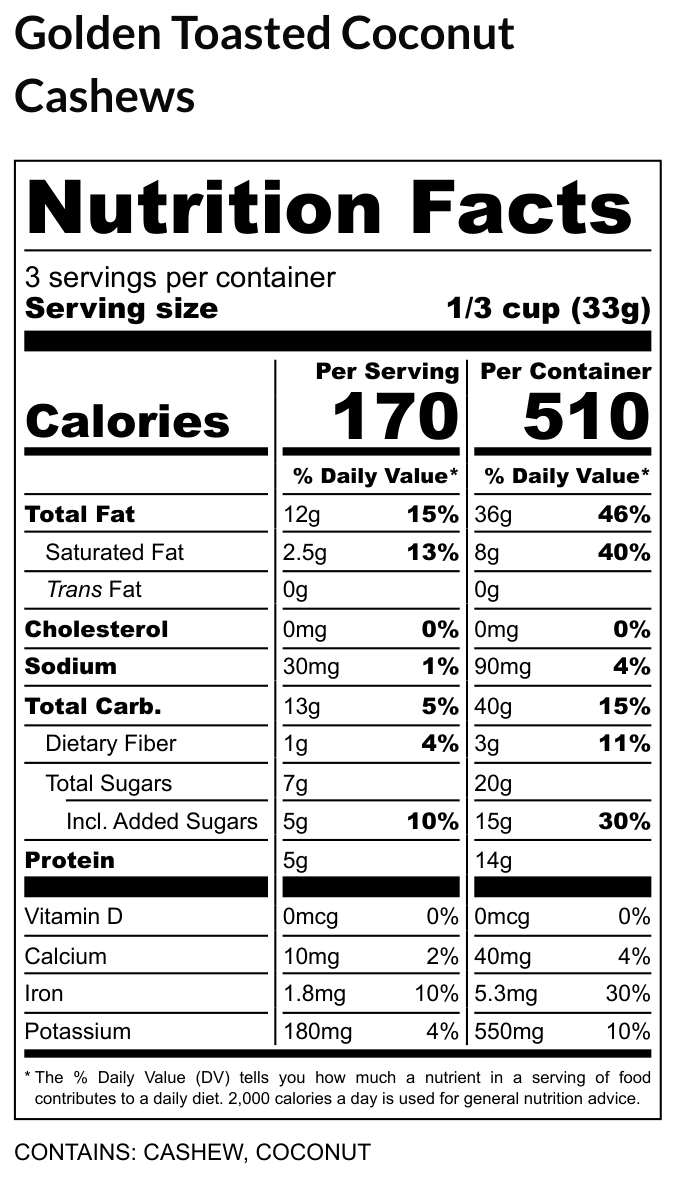 Golden Toasted Coconut Cashews - Seed-Oil-Free, 3.5 oz (Temporary Craft Bag)