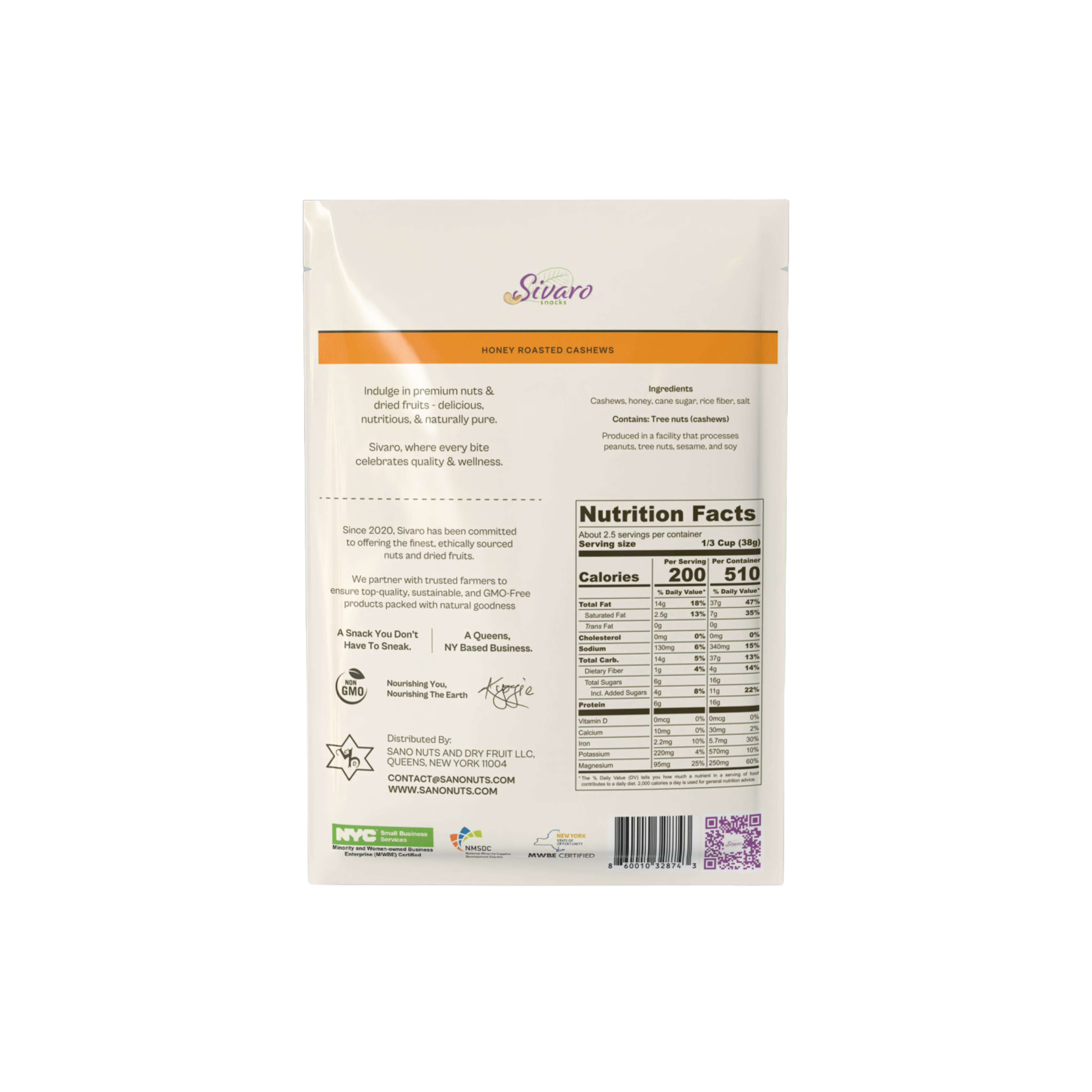 Sivaro Honey Roasted Cashews 3.5 oz - Case of 12