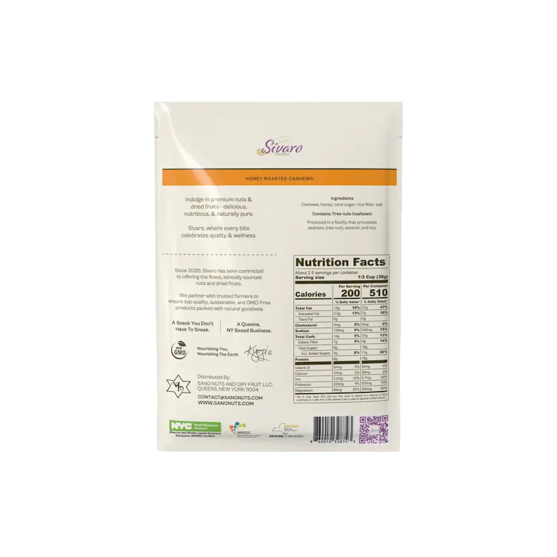 Back of Sivaro Snacks Honey Roasted Cashews with nutrition facts label on a white background