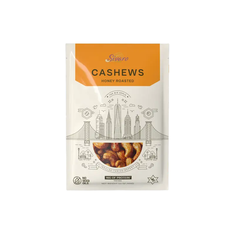 Package of Sivaro Snacks Honey Roasted Cashews  on a white background
