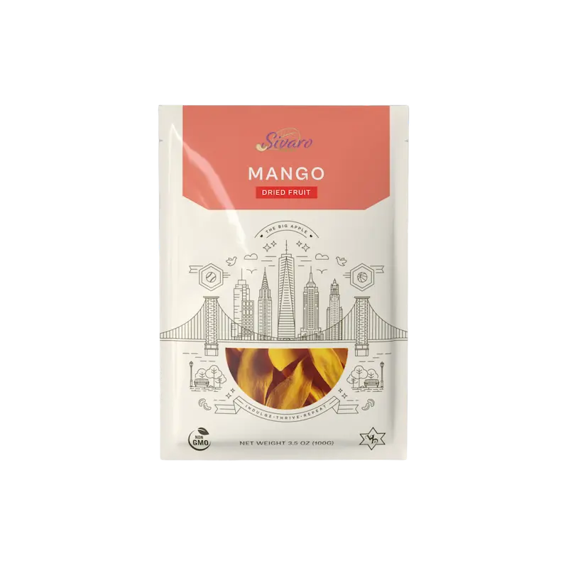 Package of Sivaro Snacks Dried Mango with a city skyline illustration on a white background