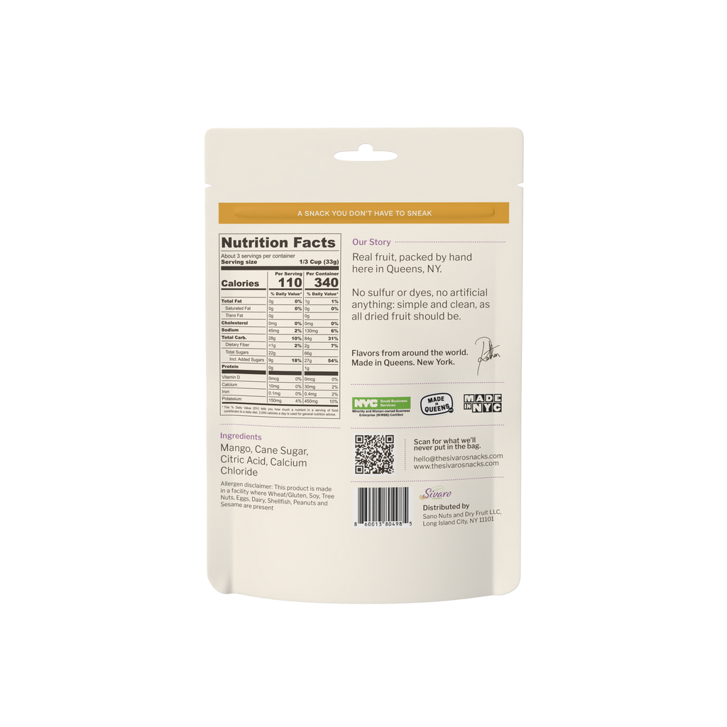 Sivaro Unsulfured Dried Mango back label with nutrition facts and ingredients