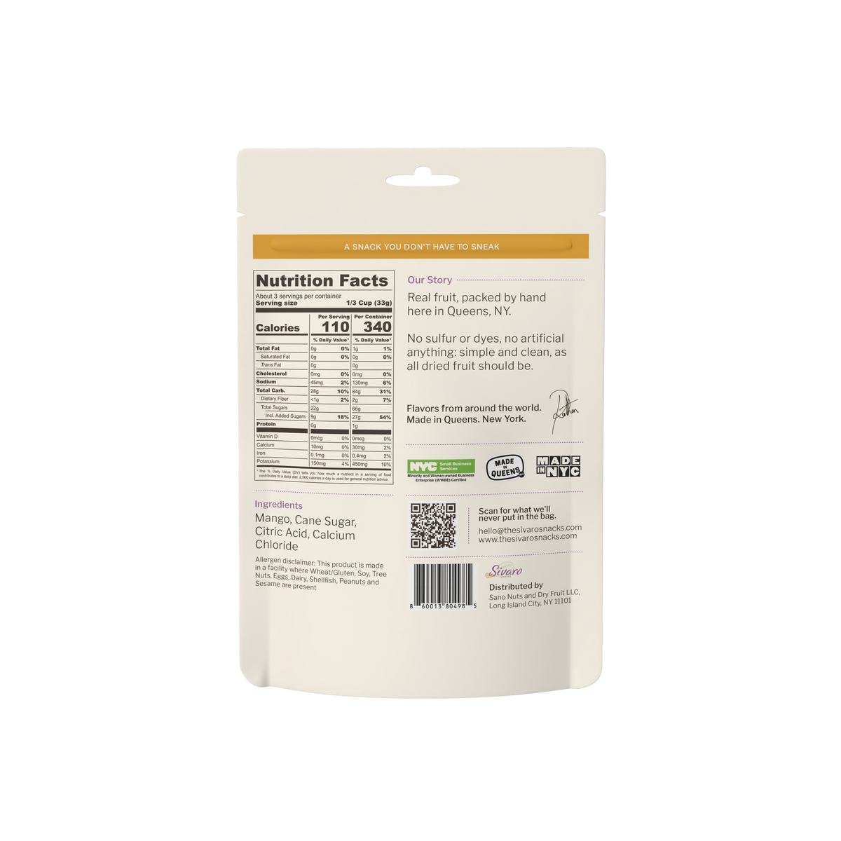Sivaro Unsulfured Dried Mango back label with nutrition facts and ingredients
