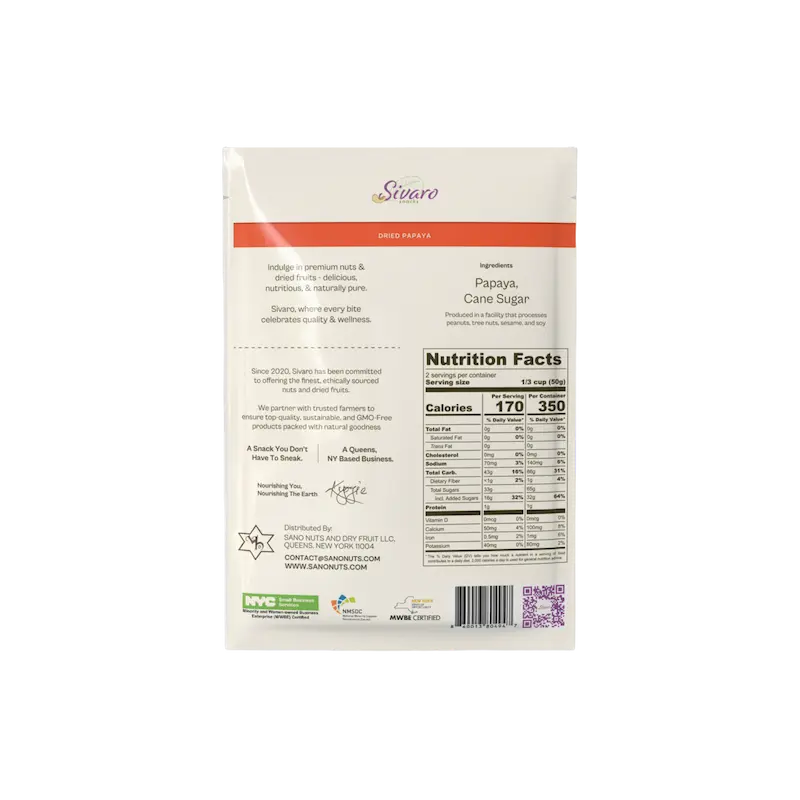 Nutrition facts label of Sivaro Snacks Dried Papaya on a white background