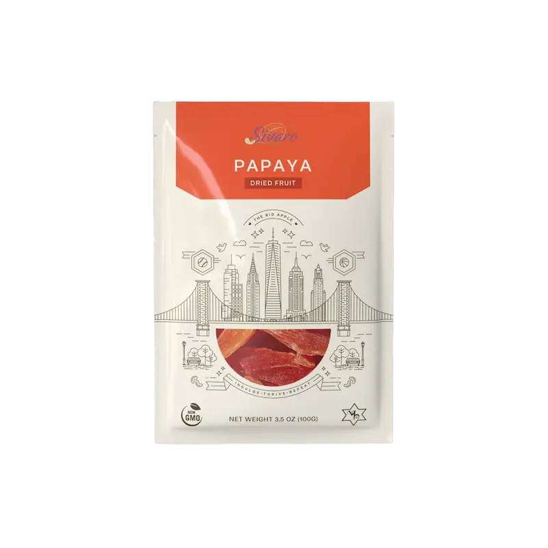 Image of Sivaro Snacks Dried Papaya package with an orange label on a white background
