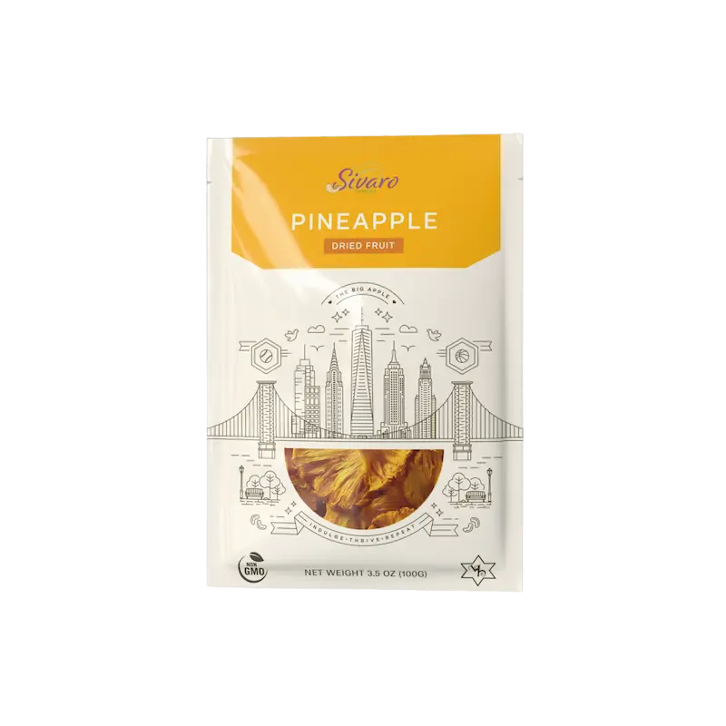 Package of Sivaro Snacks Dried Pineapple with a cityscape design on a white background