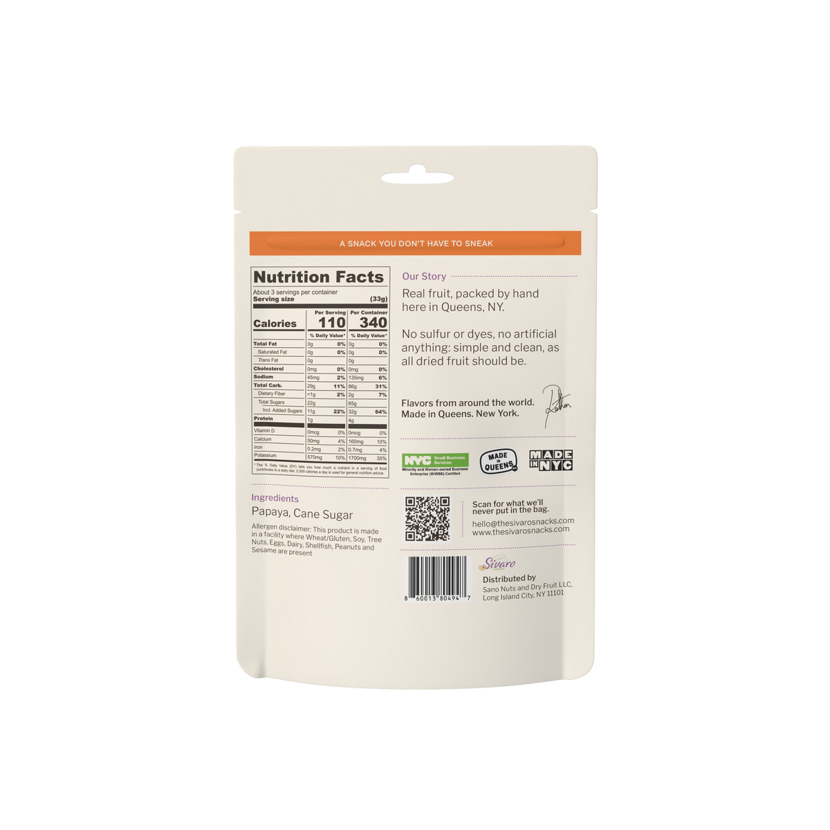 Sivaro Unsulfured Dried Papaya Chunks back label with nutrition facts and ingredients