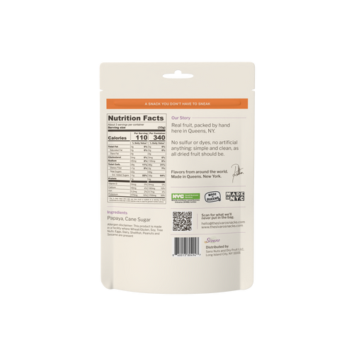 Sivaro Unsulfured Dried Papaya Chunks back label with nutrition facts and ingredients