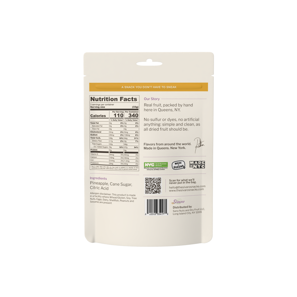 Sivaro Unsulfured Dried Pineapple back label with nutrition facts and ingredients