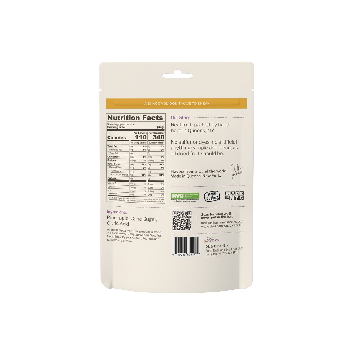 Sivaro Unsulfured Dried Pineapple back label with nutrition facts and ingredients