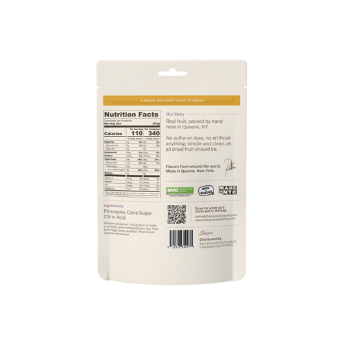 Sivaro Unsulfured Dried Pineapple back label with nutrition facts and ingredients