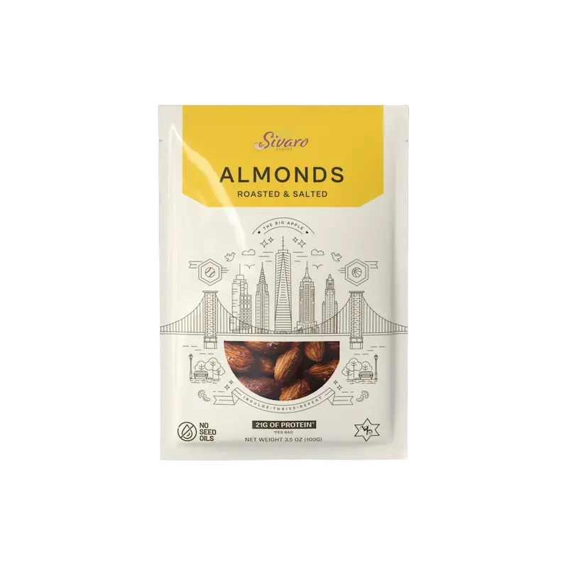 Package of Sivaro Snacks Roasted and Salted Almonds on a white background
