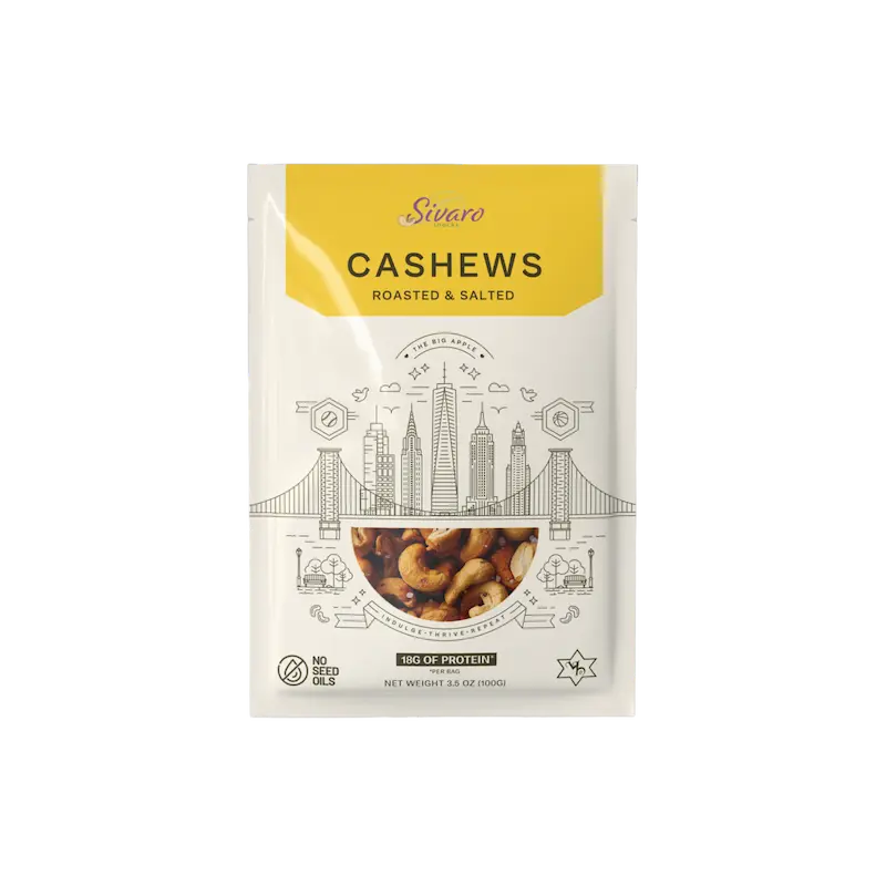 Package of Sivaro Snacks roasted and salted cashews on a white background