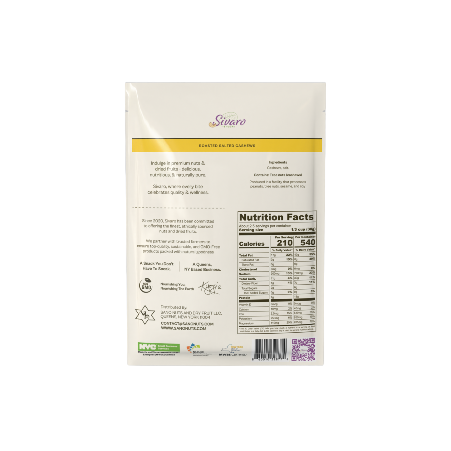 Sivaro Roasted Salted Cashews 3.5 oz - Case of 12