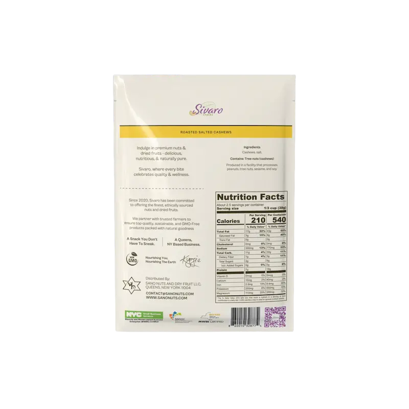 Back of Sivaro Snacks Roasted Salted Cashews with nutritional information and branding on a white background