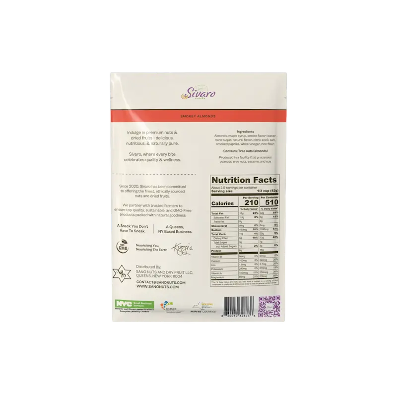 Back of Sivaro Snacks Smokey Almonds with nutrition facts and branding on a white background