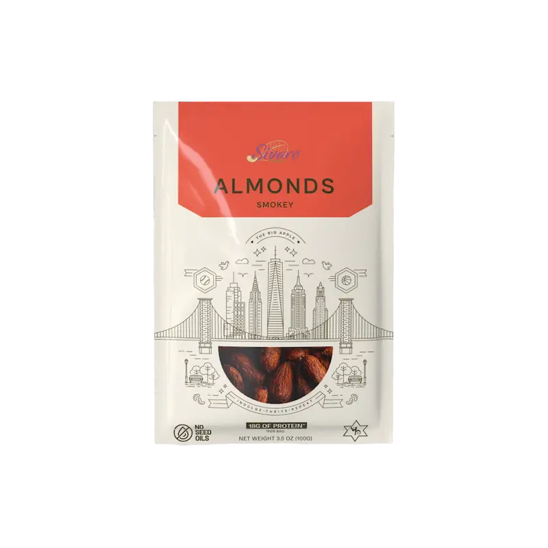 Packaging of Smokey Almonds with a city skyline design on a white background