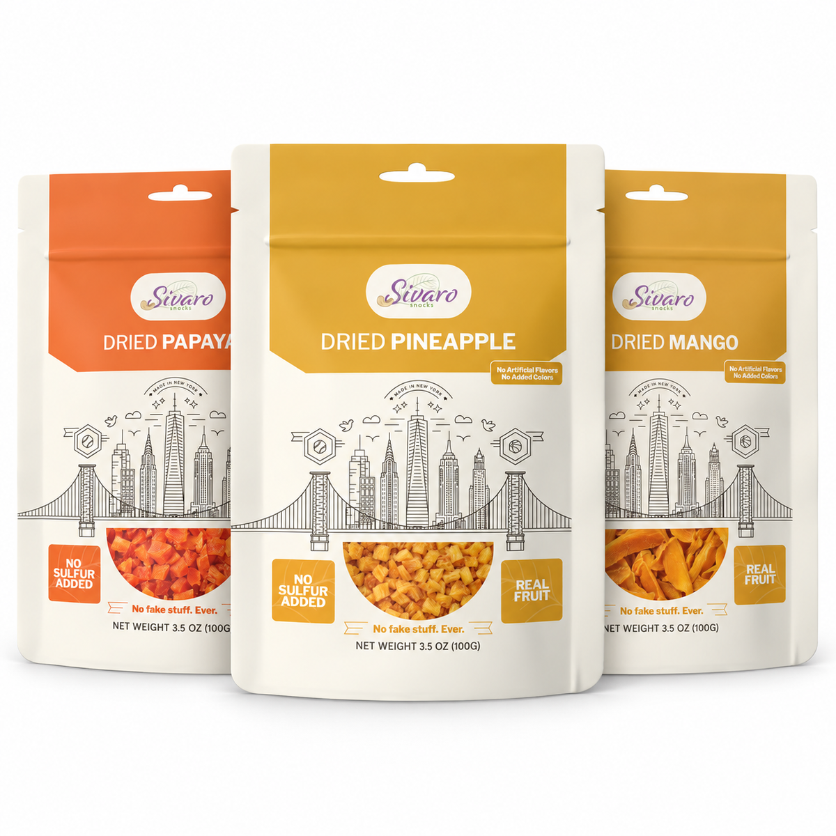 Sivaro unsulfured dried fruit variety pack with mango, pineapple and papaya bags