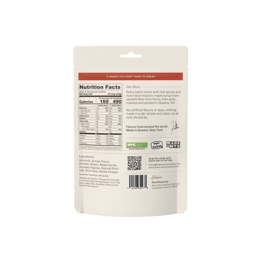 Sivaro Smokey Almonds back label with nutrition facts and ingredients