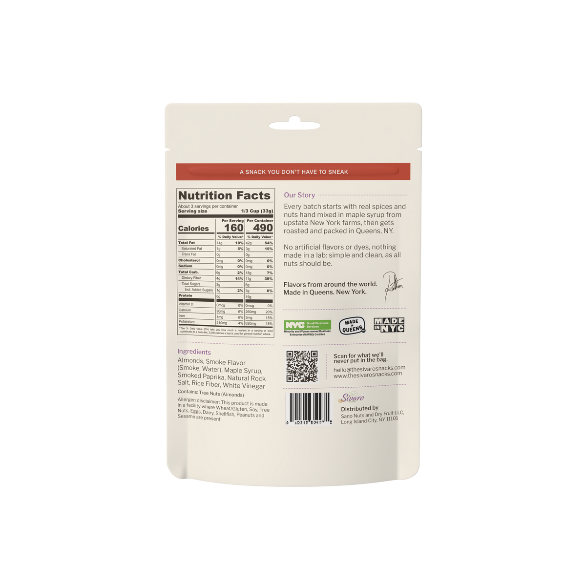 Sivaro Smokey Almonds back label with nutrition facts and ingredients