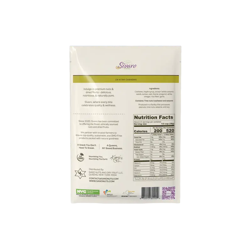 Back view of Sivaro Snacks Za'atar Cashews packaging with nutritional information on a white background