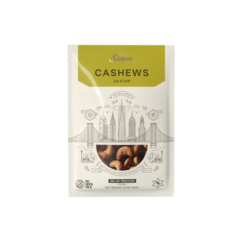 Package of Sivaro Snacks Za'atar Cashews on a white background