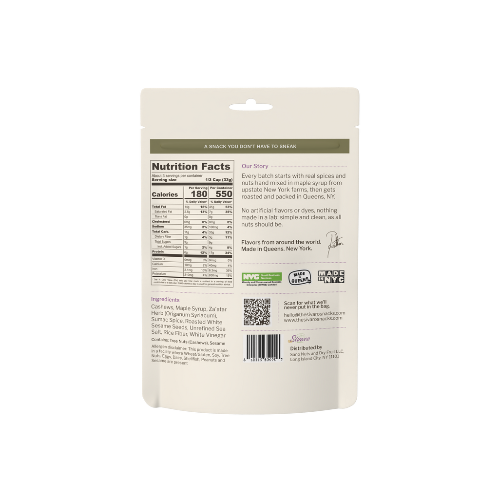 Sivaro Za'atar Cashews back label with nutrition facts and ingredients