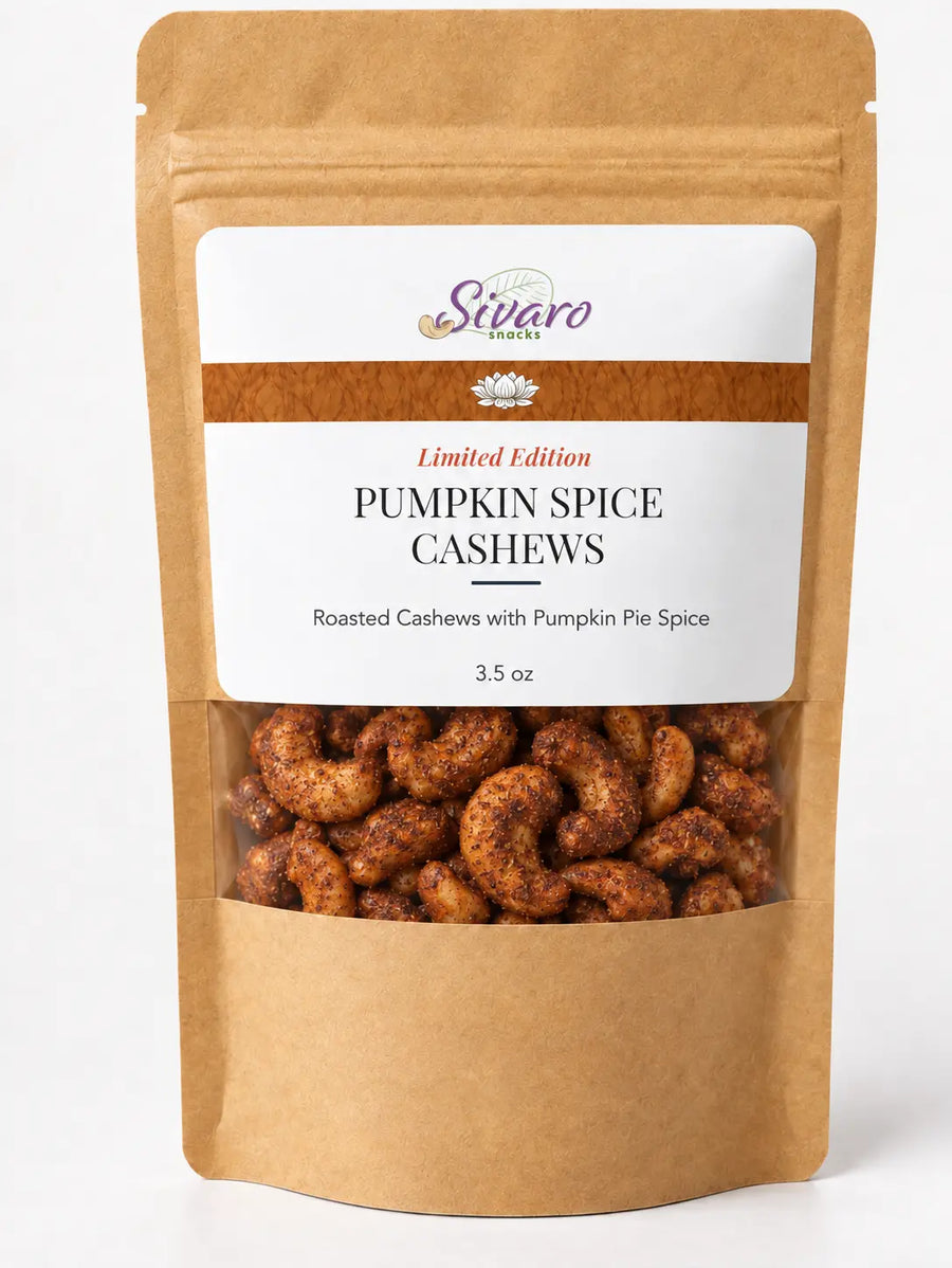 Sivaro Limited Edition Pumpkin Spice Cashews in a 3.5 oz kraft pouch, showing maple-roasted cashews coated in pumpkin pie spice